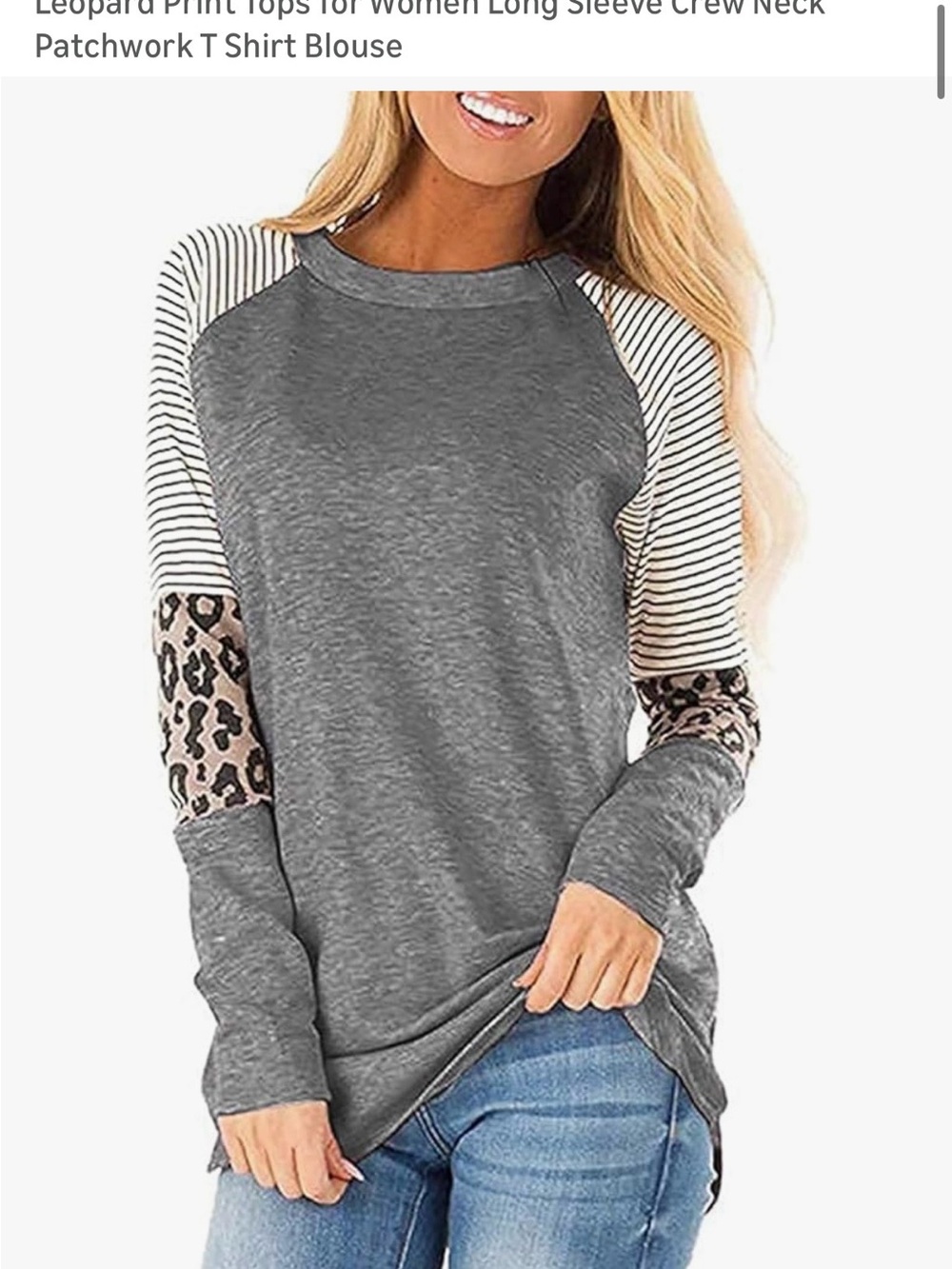 Gray Leopard Patchwork Long Sleeve Crew Neck Top